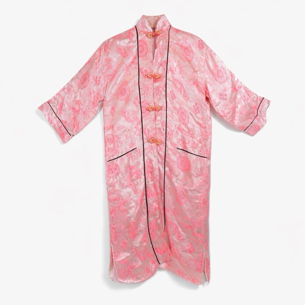 Vintage Kimono Boho Satin Brocade Robe Pink Frog Closure Vietnam Medium